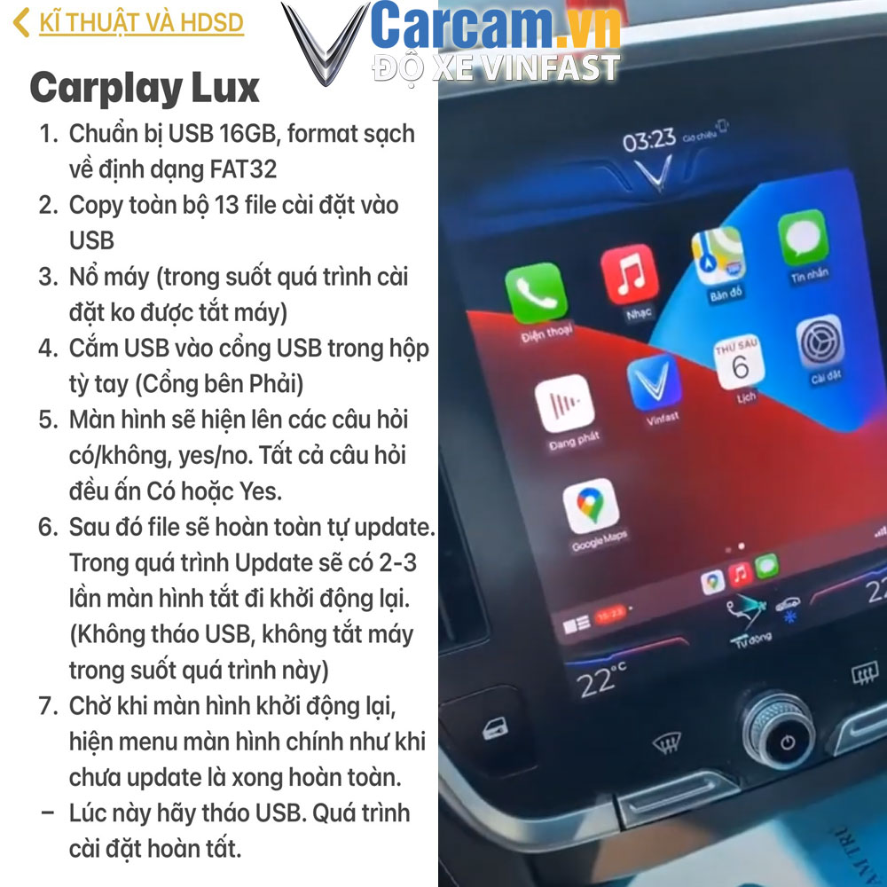Các bước cài đặt Carplay cho màn hình Vinfast Lux.